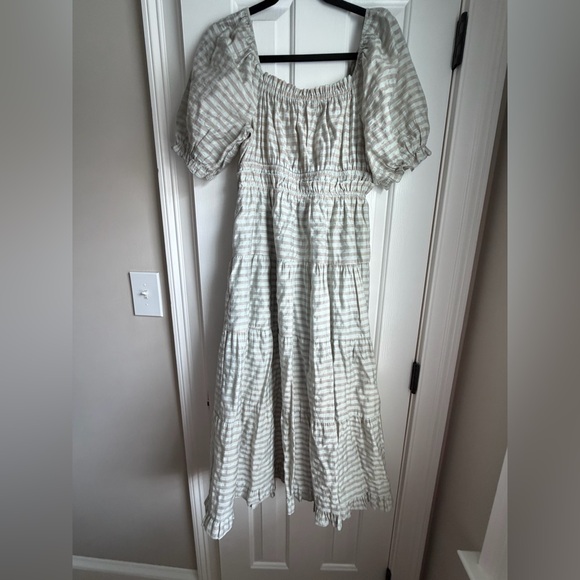 Smocked Puff-Sleeve Maxi Dress in Light Sage Stripe - Picture 3 of 4